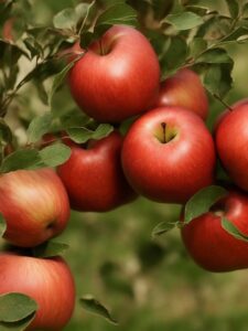 A clump of red apples hanging from a tree