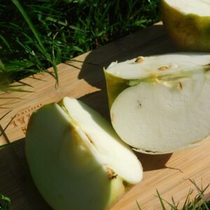 An apple cut open in quarters to reveal crisp white flesh. Is sitting on a cutting board against a green backdrop of grass