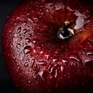 A dark red, almost black apple covered with water droplets.